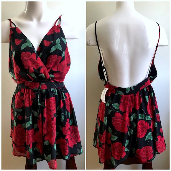 Audrey 3+1 Pants - Audrey 3+1 Red Black Floral Roses Open Back Strappy Plunging Romper Size Large